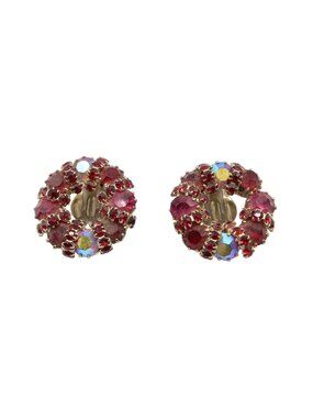 Vintage WEISS Red Aurora Borealis Wreath Round Silver Tone Clip On Earrings